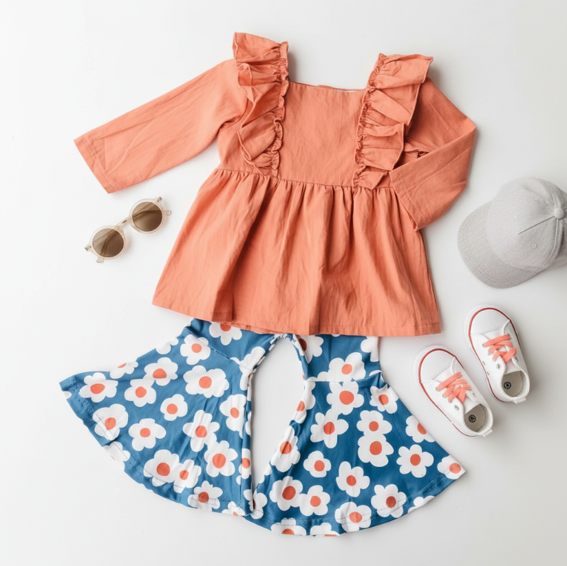 Girls Daisy Bell Bottom Set – Coral Ruffle Top & Navy Floral Flare Pants