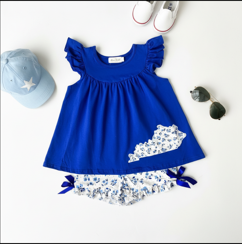 Girls Kentucky Blue Floral Ruffle Set – Sleeveless Dress with State Patch & Matching Bloomers