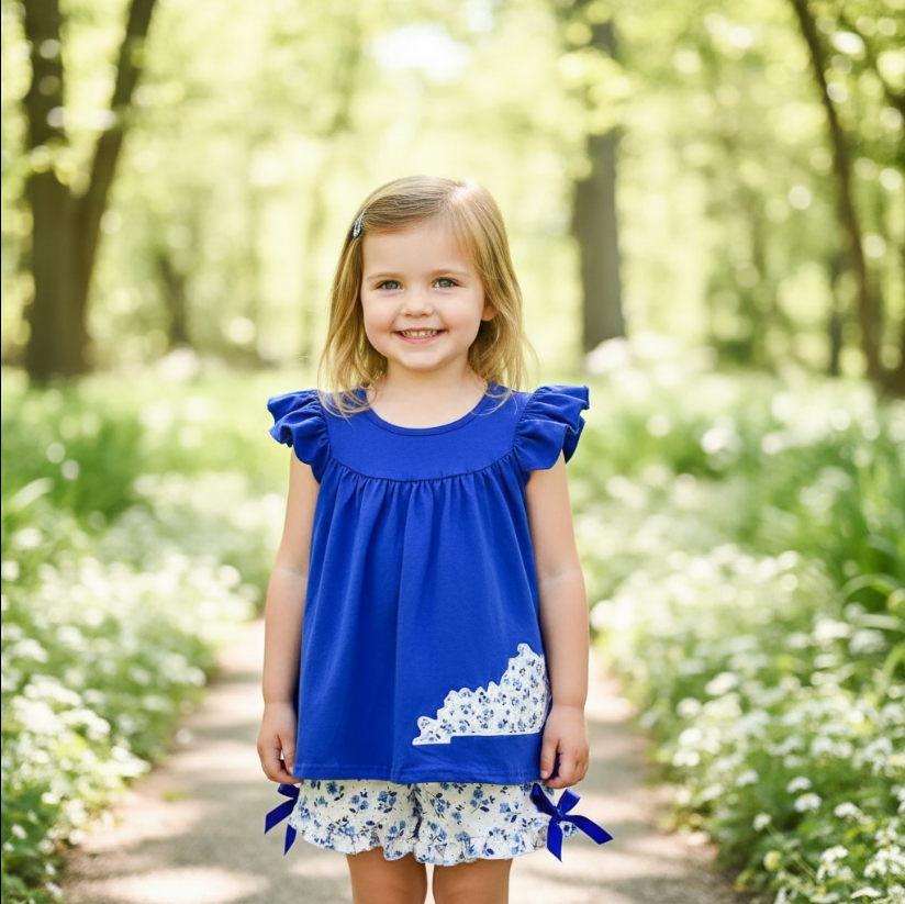 Girls Kentucky Blue Floral Ruffle Set – Sleeveless Dress with State Patch & Matching Bloomers
