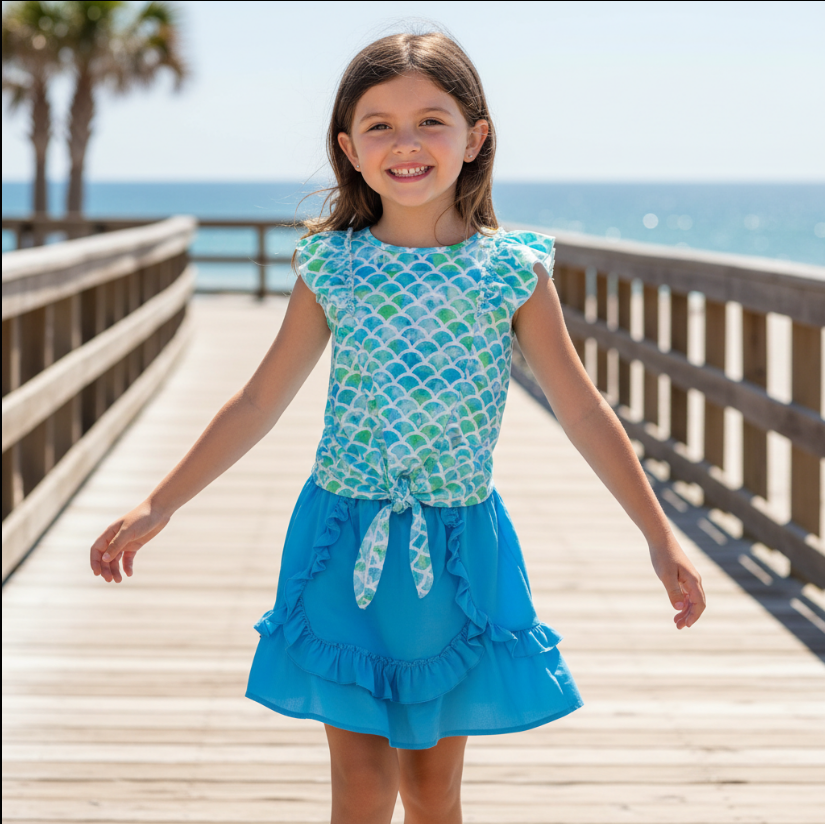 Girls Marvelous Mermaid Short Set – Scaled Ruffle Tie Top & Blue Ruffle Shorts