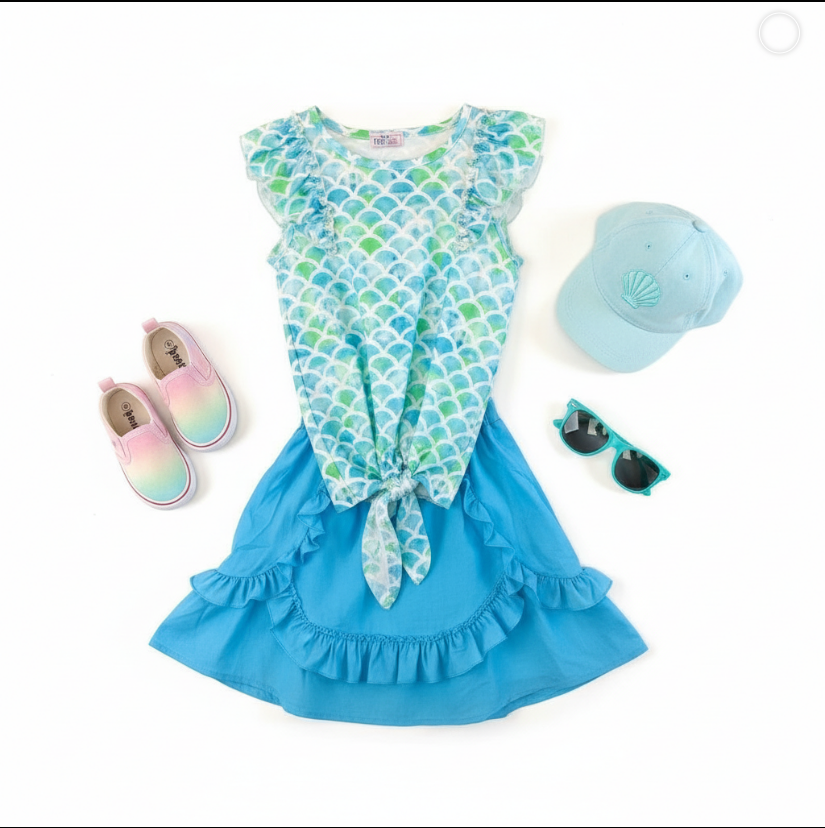 Girls Marvelous Mermaid Short Set – Scaled Ruffle Tie Top & Blue Ruffle Shorts