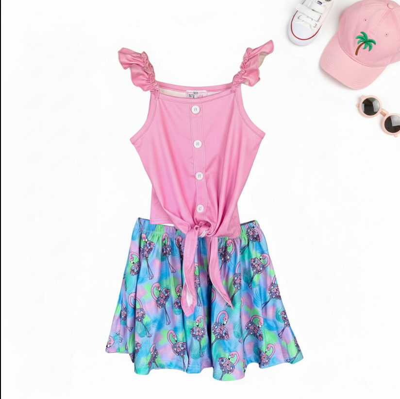Girls Flamingo Tropical Skirt Set – Pink Button Tie Top & Flowery Ruffle Skirt