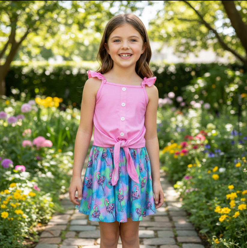 Girls Flamingo Tropical Skirt Set – Pink Button Tie Top & Flowery Ruffle Skirt