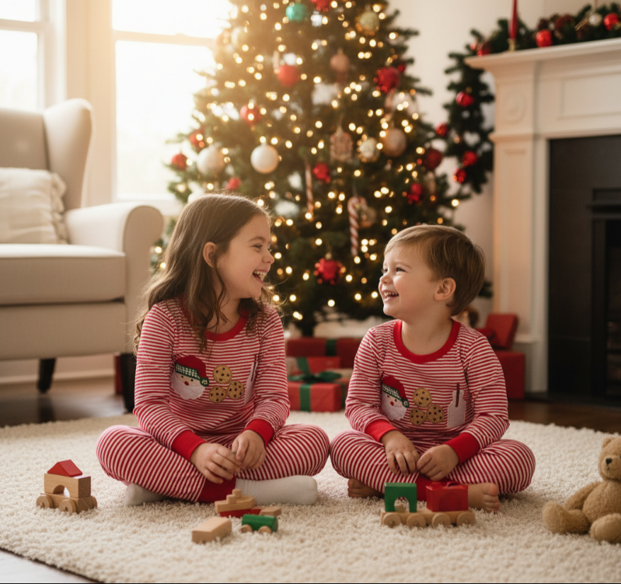 Kids Santa Cookie & Milk Christmas Pajama Set – Red Stripe Embroidered Holiday PJs for Girls & Boys