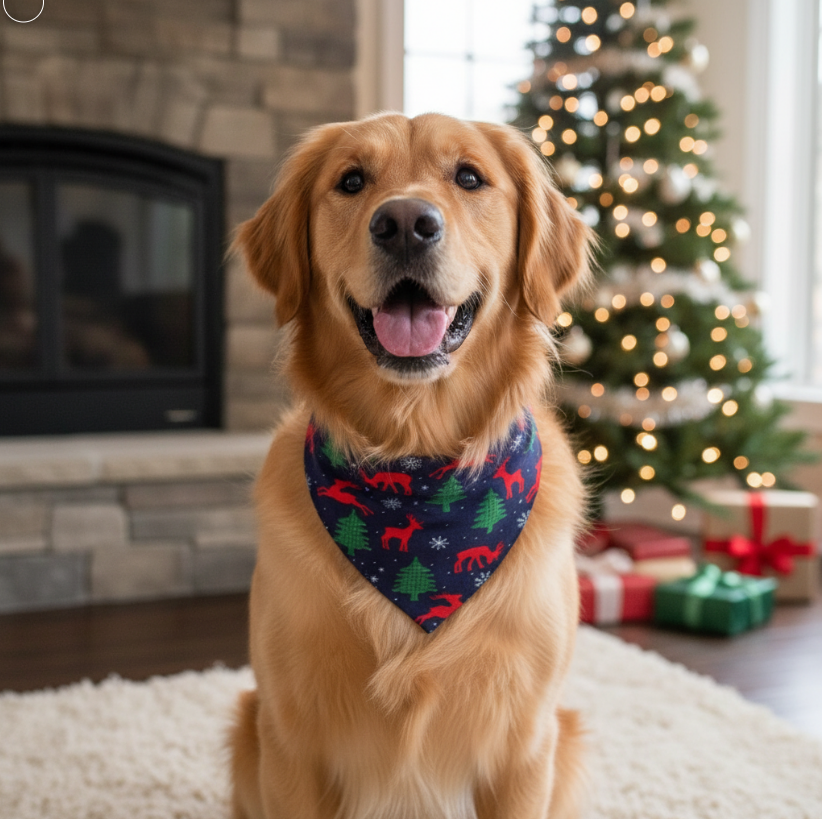 Christmas Dog Bandana – Navy Forest Print with Reindeer, Trees & Snowflakes