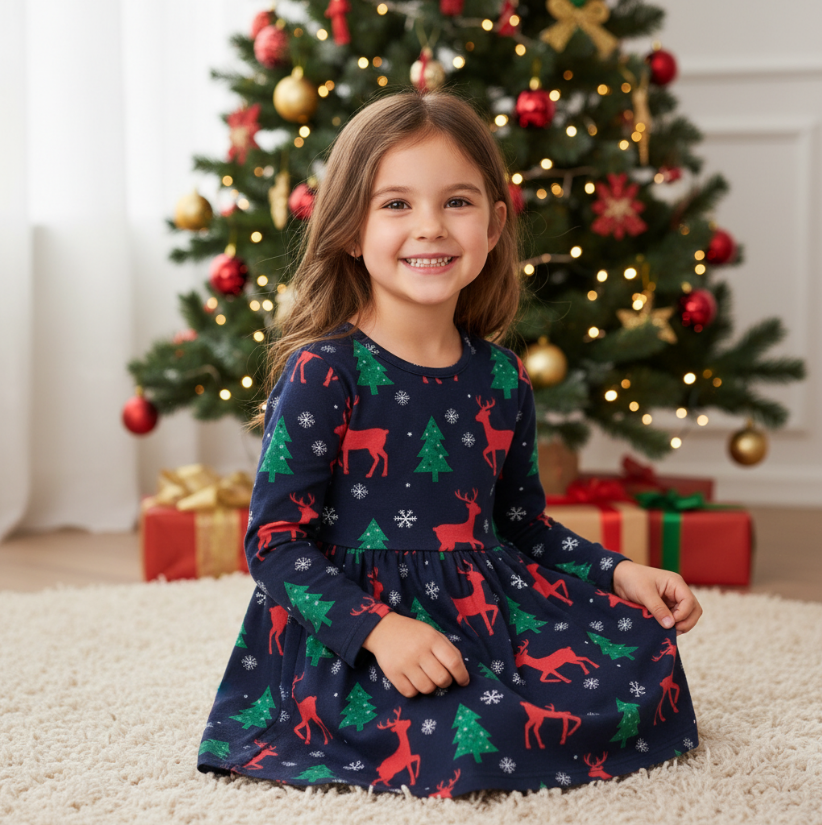 Girls Navy Forest Christmas Nightgown – Holiday Pajama Dress with Reindeer, Trees & Snowflakes