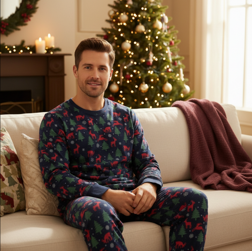 Men’s Navy Forest Christmas Pajama Set – Holiday Sleepwear with Red Moose, Bears & Pine Trees