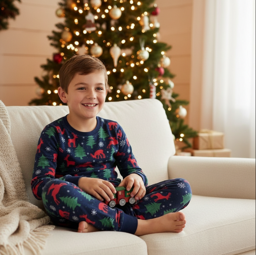 Boys Navy Forest Christmas Pajama Set – Holiday Sleepwear with Reindeer, Trees & Snowflakes