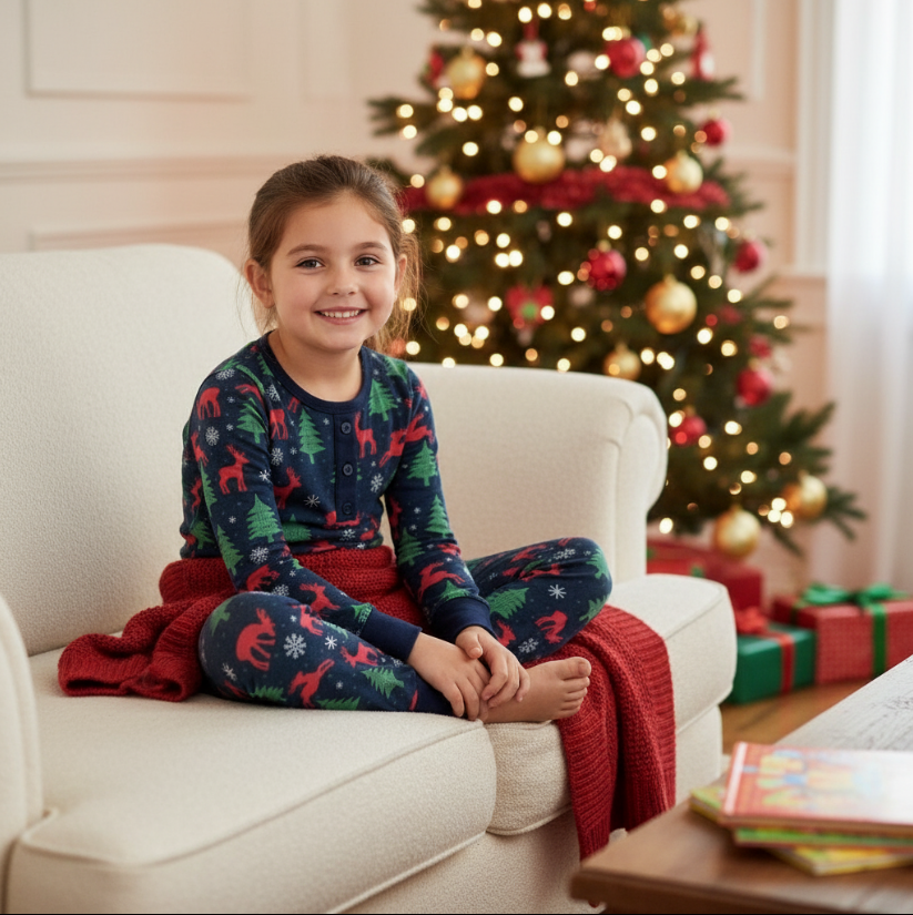 Girls Navy Forest Christmas Pajama Set – Reindeer & Tree Print Holiday Sleepwear with Button Placket