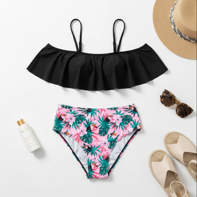 Women’s Tropical Leaf High-Waist Swimsuit – Off-Shoulder Ruffle Top (Family Matching Set)