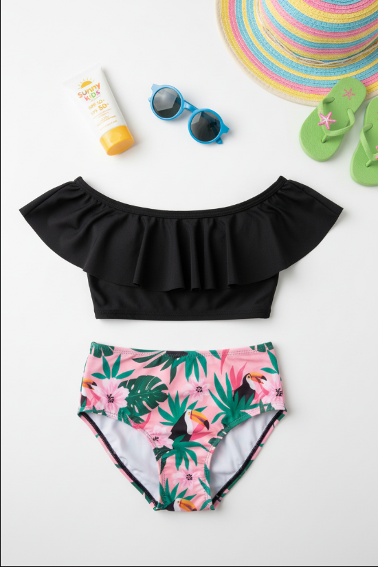 Girls’ Tropical Leaf Ruffle Swimsuit – Off-Shoulder Two-Piece (Family Matching Set)