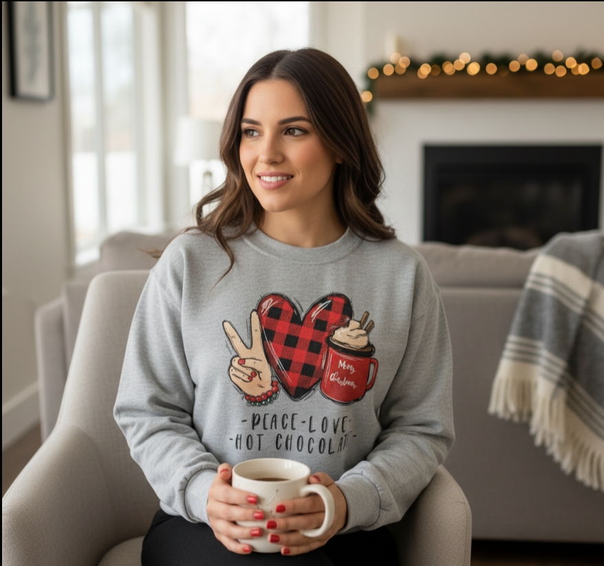 Peace Love Hot Chocolate Christmas Sweatshirt – Grey Crew Neck with Plaid Heart & Cocoa Mug