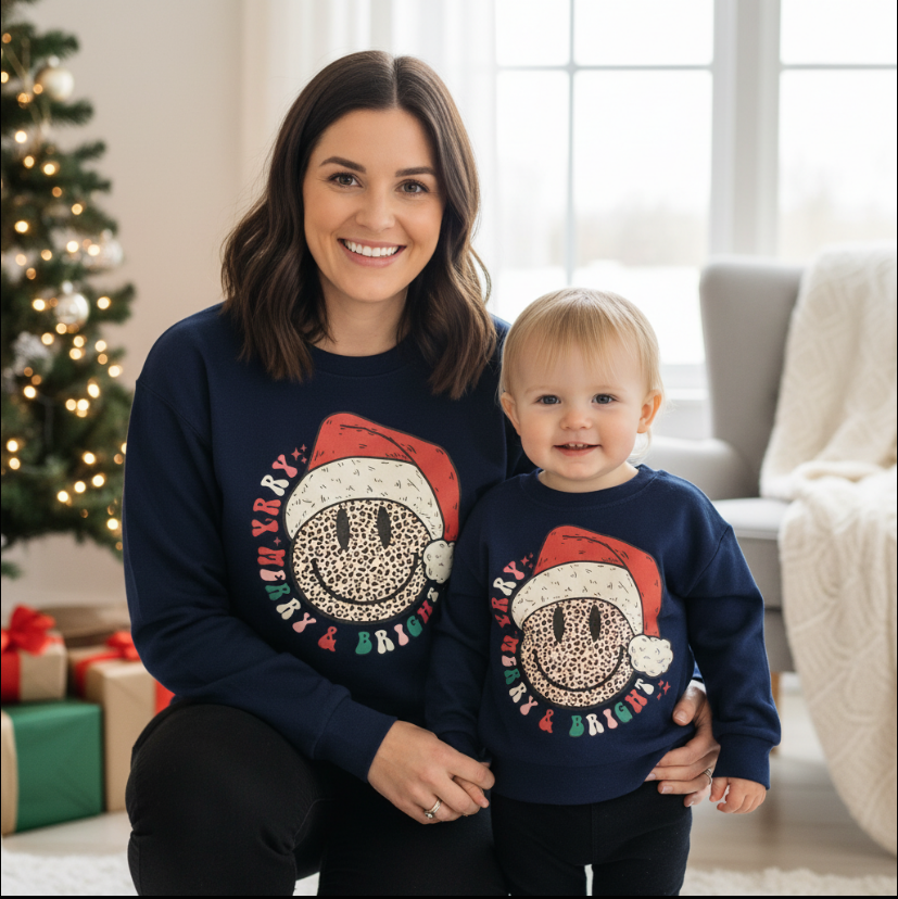 Kids Merry & Bright Christmas Sweatshirt – Blue Crew Neck with Leopard Smiley & Santa Hat