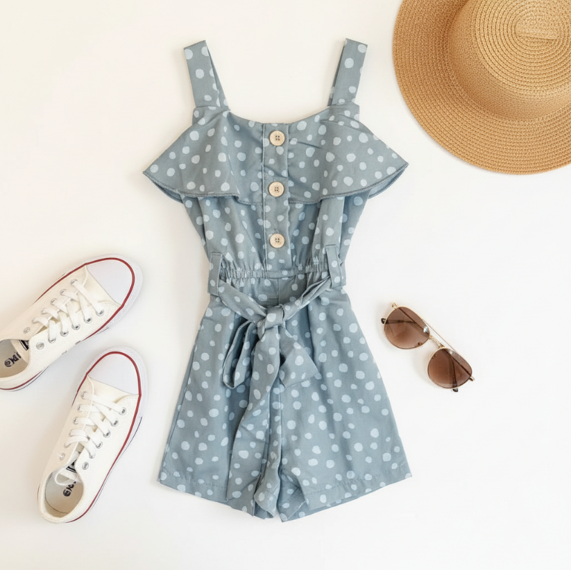 Girls Polka Dot Ruffle Jumpsuit – Sleeveless Green One-Piece with Belt & Button Front