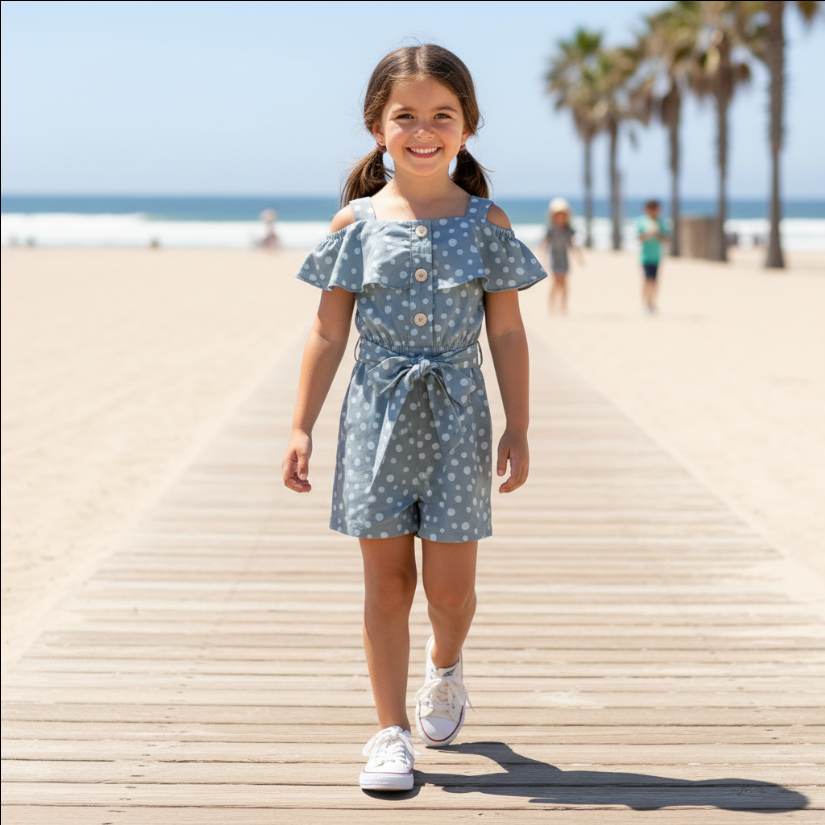 Girls Polka Dot Ruffle Jumpsuit – Sleeveless Green One-Piece with Belt & Button Front