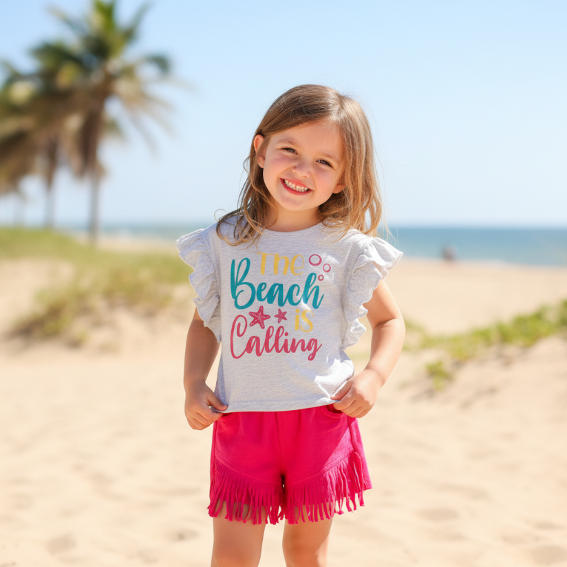 Girls Beach is Calling Summer Outfit – Ruffle Sleeve Graphic Top & Fringe Pink Shorts