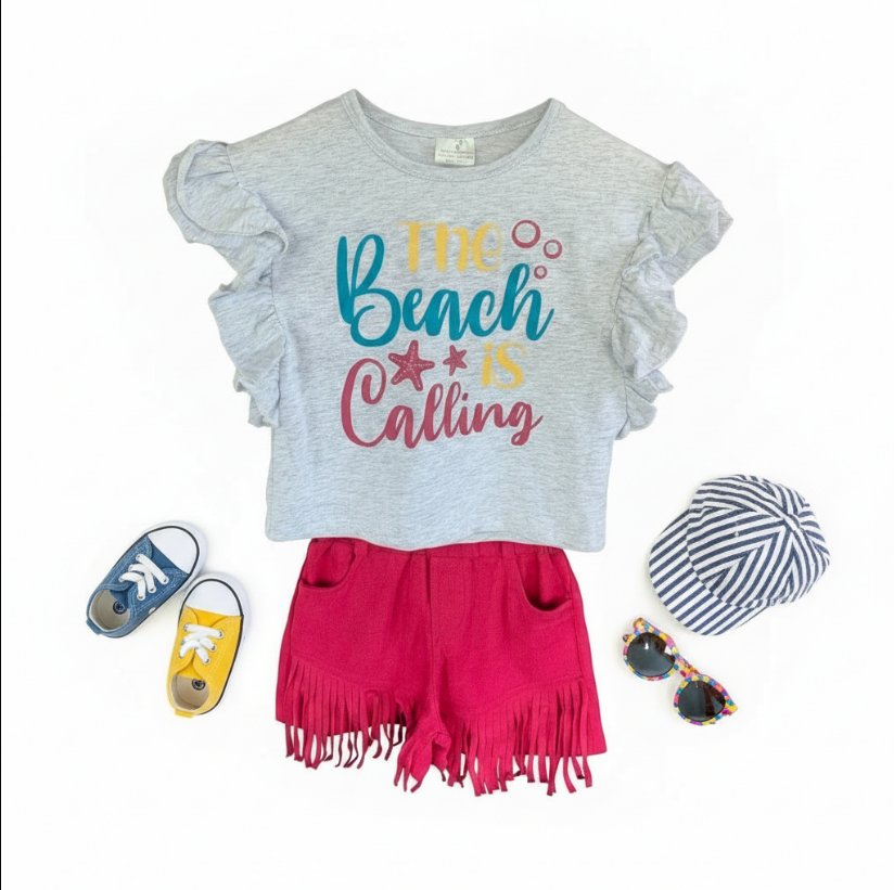 Girls Beach is Calling Summer Outfit – Ruffle Sleeve Graphic Top & Fringe Pink Shorts