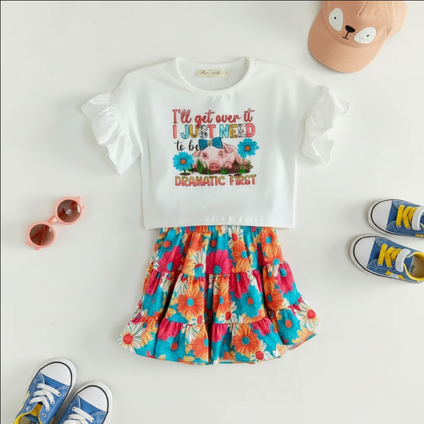 Girls Dramatic Piggy Graphic Outfit – Ruffle Sleeve Tee & Tiered Floral Skirt Set