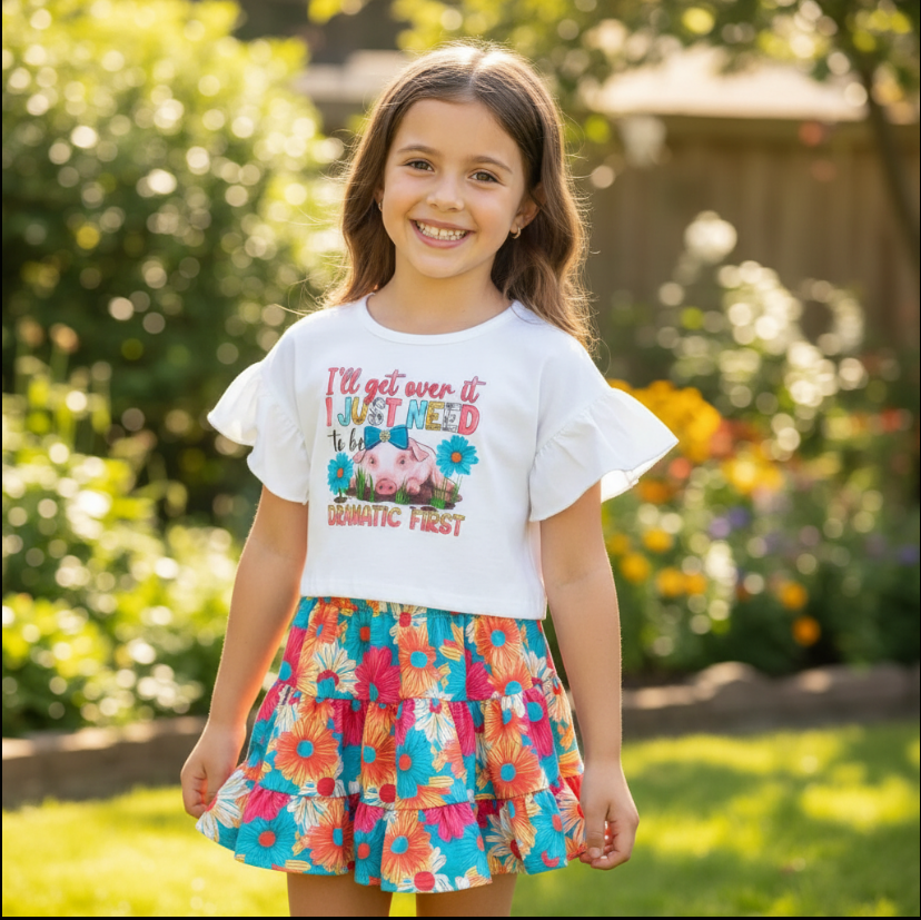 Girls Dramatic Piggy Graphic Outfit – Ruffle Sleeve Tee & Tiered Floral Skirt Set