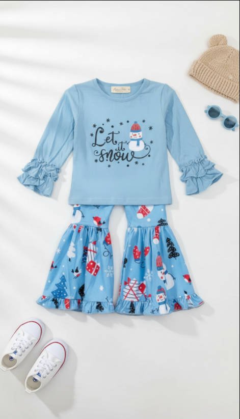 Girls Let It Snow Bell Bottom Outfit – Light Blue Ruffle Sleeve Top & Snowman Print Flare Pants