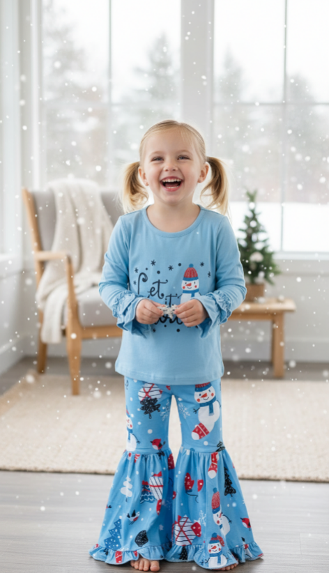 Girls Let It Snow Bell Bottom Outfit – Light Blue Ruffle Sleeve Top & Snowman Print Flare Pants