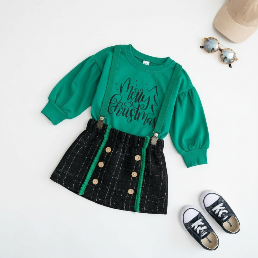 Girls Merry Christmas Bouclé Skirt Outfit – Green Puff Sleeve Top & Black Plaid Suspender Skirt