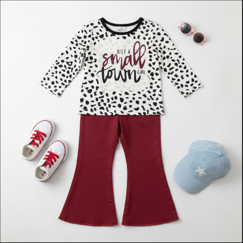 Girls “Just a Small Town Girl” Outfit – Leopard Print Graphic Top & Red Flare Pants Set