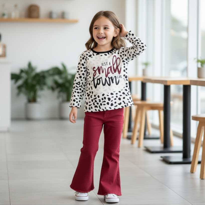 Girls “Just a Small Town Girl” Outfit – Leopard Print Graphic Top & Red Flare Pants Set