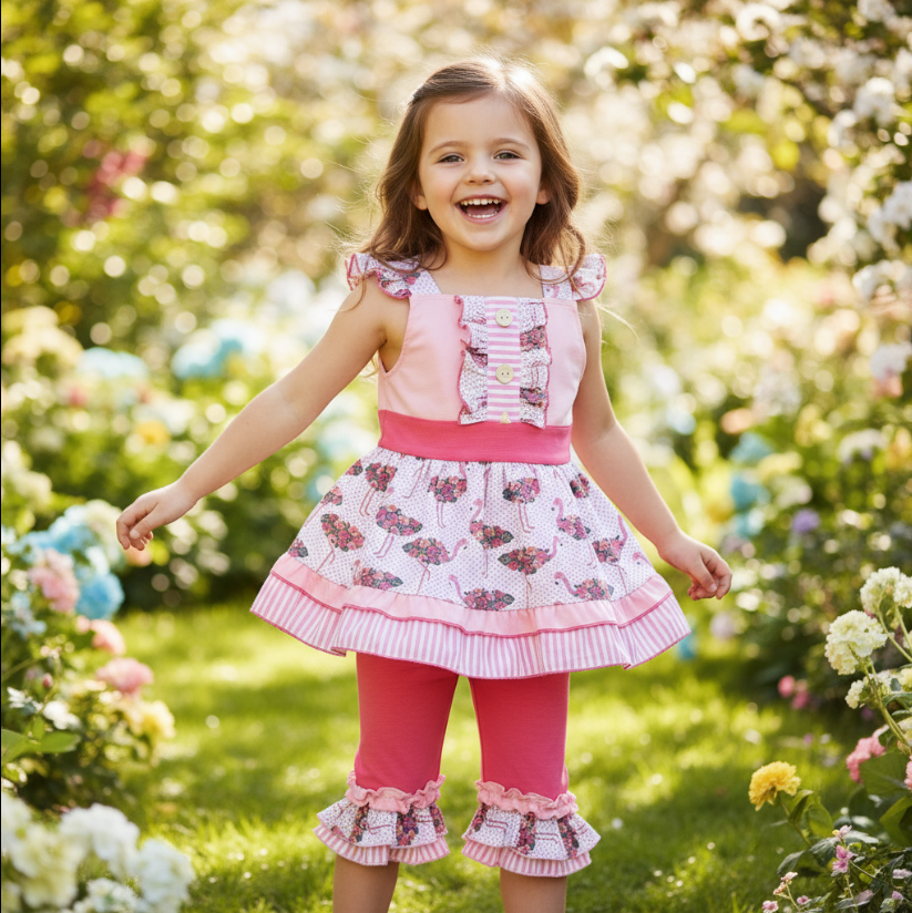 Girls Flamingo Summer Outfit – Pink Polka Dot Sundress Top & Ruffle Shorts Set