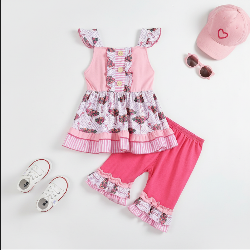 Girls Flamingo Summer Outfit – Pink Polka Dot Sundress Top & Ruffle Shorts Set