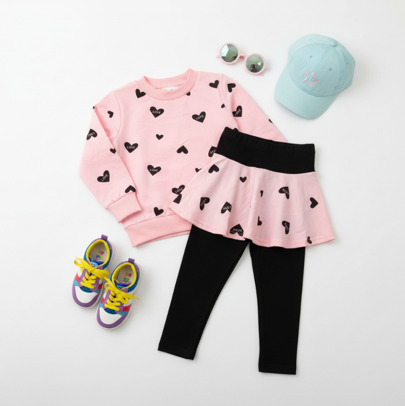 Girls Love Heart Sweatshirt & Skirted Leggings Set – Pink Pullover with Black Hearts and Ruffle Skirt