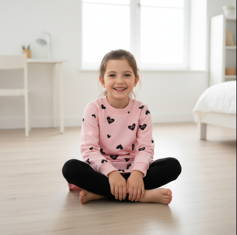 Girls Love Heart Sweatshirt & Skirted Leggings Set – Pink Pullover with Black Hearts and Ruffle Skirt