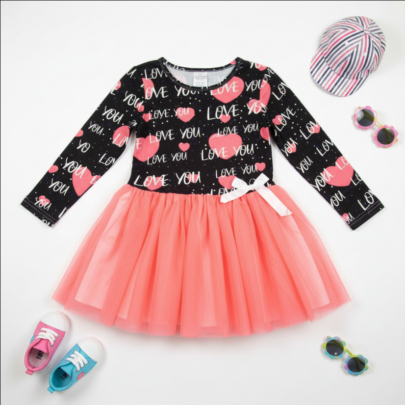 Girls “Love You” Tutu Dress – Black Heart Print Top & Pink Layered Tulle Skirt with Bow