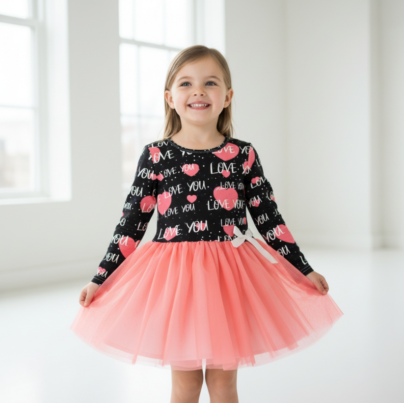 Girls “Love You” Tutu Dress – Black Heart Print Top & Pink Layered Tulle Skirt with Bow