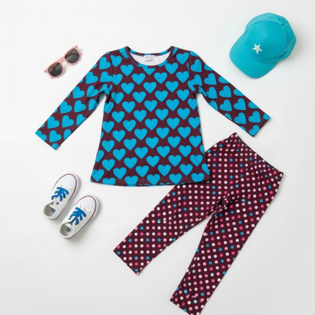 Girls Heart & Polka Dot Playwear Set – Long Sleeve Top & Colorful Leggings