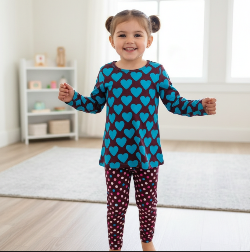 Girls Heart & Polka Dot Playwear Set – Long Sleeve Top & Colorful Leggings