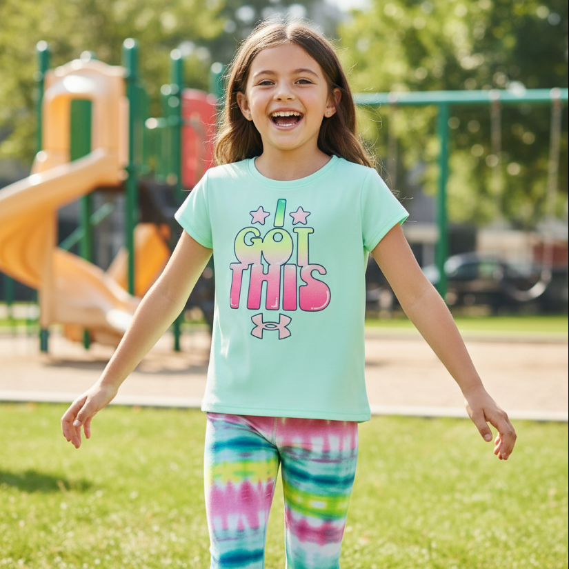 Girls “I GOT THIS” Under Armour Outfit – Mint Graphic Tee & Tie-Dye Leggings Set