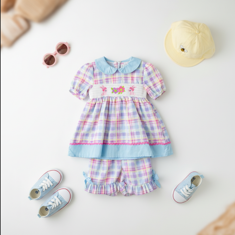 Girls Easter Bunny Smocked Outfit – Pastel Plaid Puff Sleeve Top & Ruffle Shorts Set