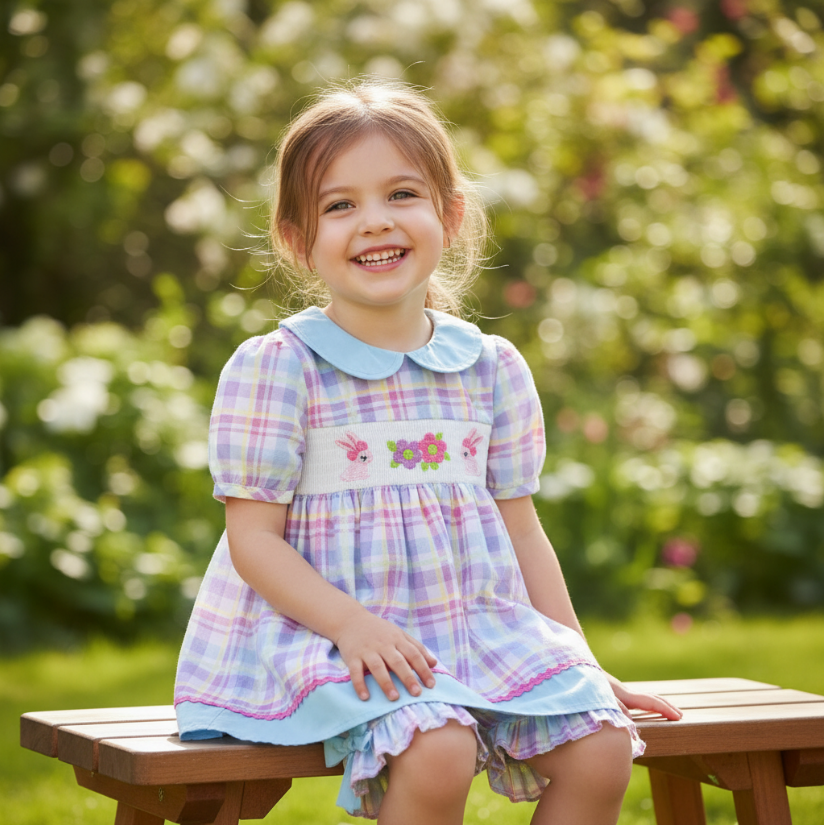 Girls Easter Bunny Smocked Outfit – Pastel Plaid Puff Sleeve Top & Ruffle Shorts Set