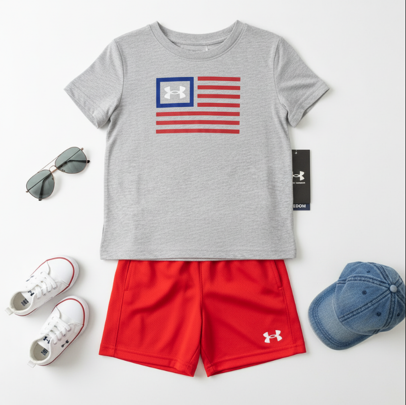 Boys Under Armour Freedom Banner Outfit – American Flag Graphic Tee & Red Athletic Shorts Set