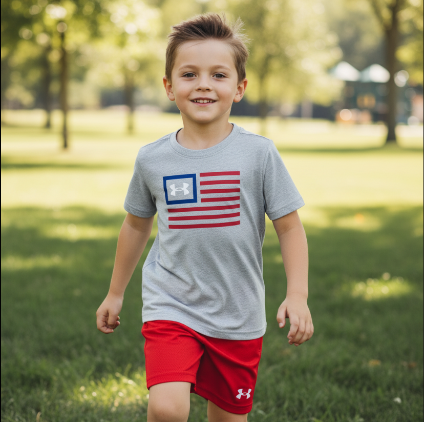 Boys Under Armour Freedom Banner Outfit – American Flag Graphic Tee & Red Athletic Shorts Set