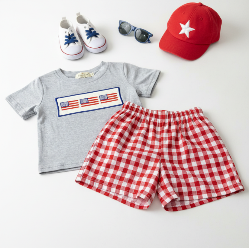 Boys Patriotic Gingham Outfit – Smocked American Flag Tee & Red Check Shorts Set