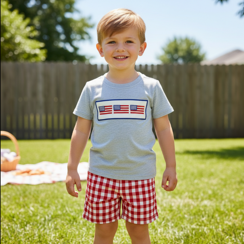 Boys Patriotic Gingham Outfit – Smocked American Flag Tee & Red Check Shorts Set