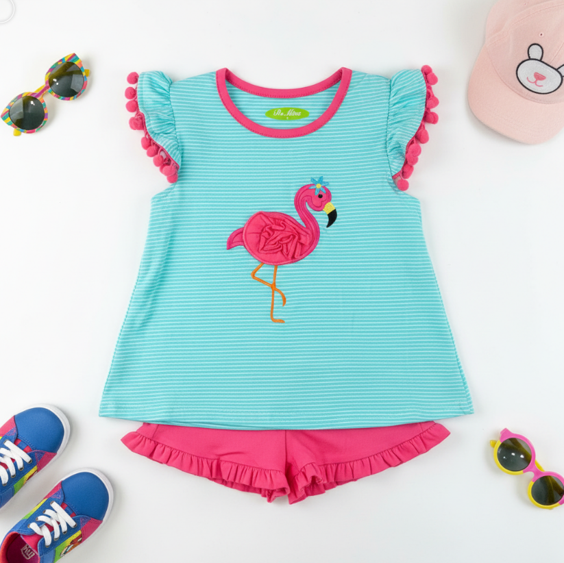 Girls Flamingo Ruffle Summer Set – Striped Pom-Pom Sleeve Top & Pink Shorts