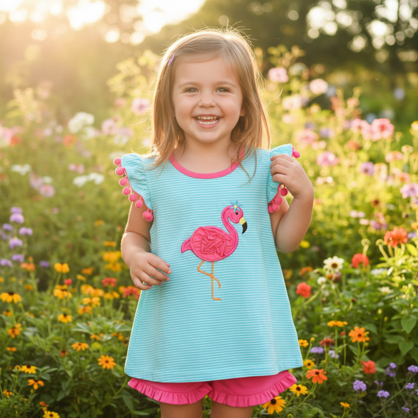 Girls Flamingo Ruffle Summer Set – Striped Pom-Pom Sleeve Top & Pink Shorts