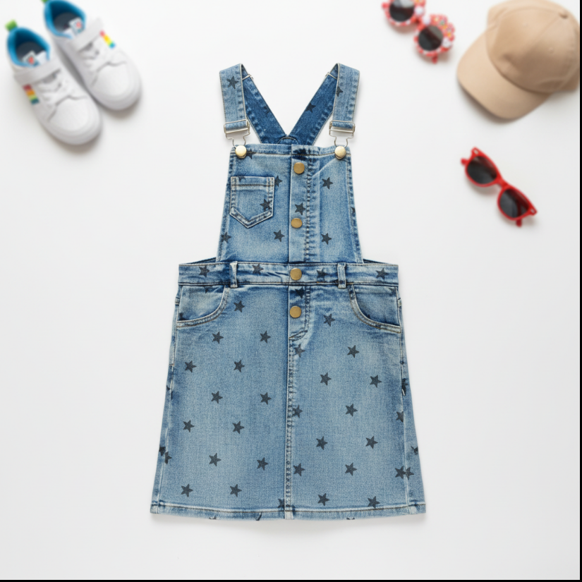 Girls Star Print Denim Overall Dress – Adjustable Straps & Gold Button Front