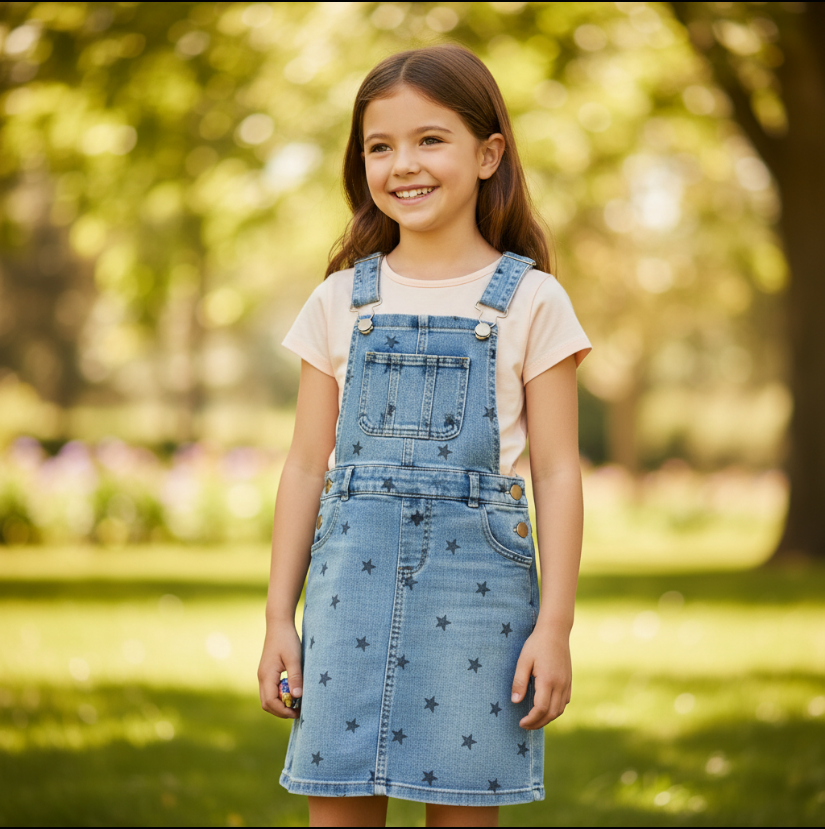 Girls Star Print Denim Overall Dress – Adjustable Straps & Gold Button Front