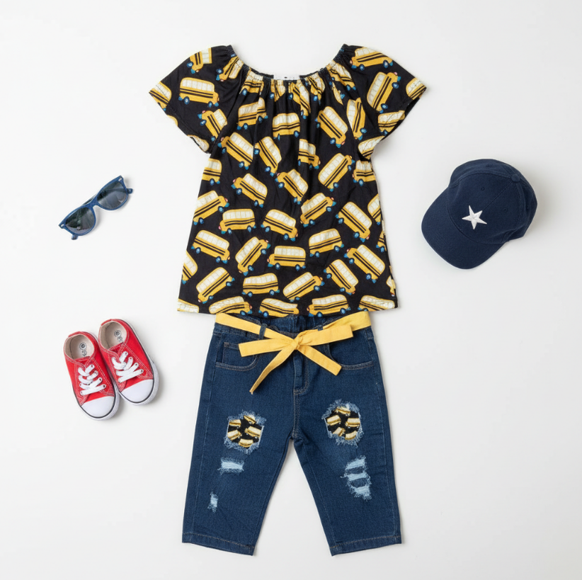 School Bus Graphic Outfit – Black Tee & Denim Shorts Set for Back-to-School Style