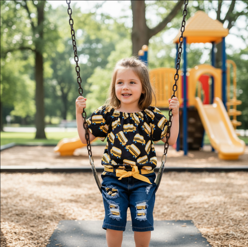 School Bus Graphic Outfit – Black Tee & Denim Shorts Set for Back-to-School Style