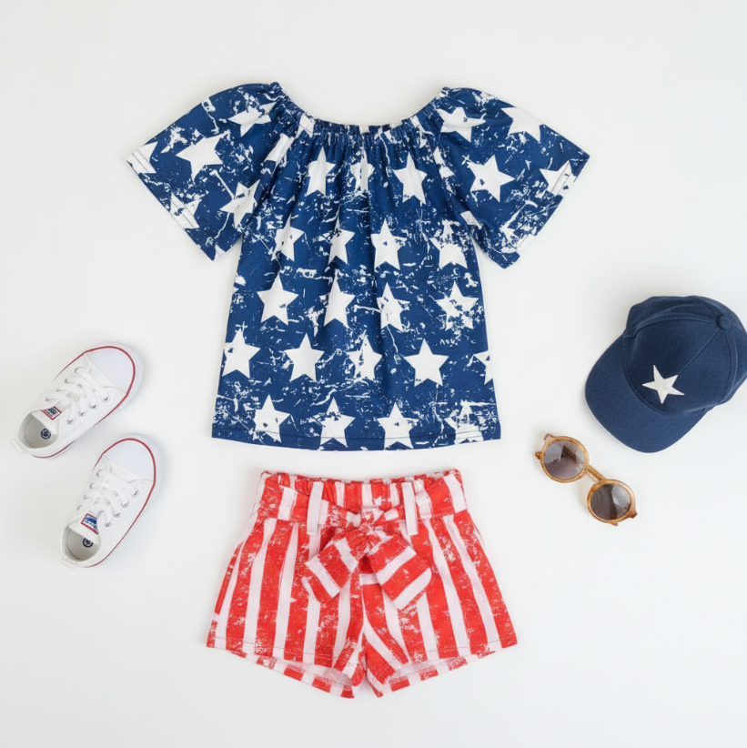 Girls Stars & Stripes Patriotic Outfit – Blue Star Top & Red Stripe Bow Shorts Set